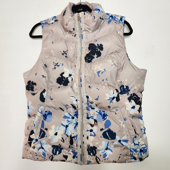 Lands' End Jackets & Blazers - Lands End puffer vest taupe blue floral women's medium
